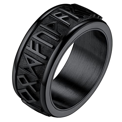 FaitHeart Schwarz Spinnerring drehbarer Mittelring 9mm breit Viking Rune Fingerring Punk Retro Bandring mit Geschenkebox für Herren Damen von FaithHeart