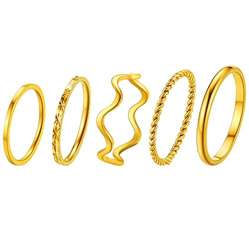 FaithHeart 5 Pair Minimalisitischer Ring Set Damen Mädchen Zierlicher Stapelring Midi Knöchelring Bandring Wellenring gedrehter Seilring Paarring Freundschafrsring von FaithHeart