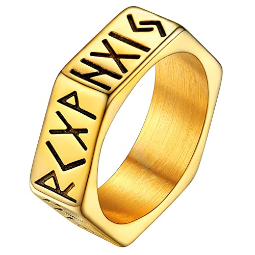 FaithHeart 7mm breit Bandring für Herren Jungen Punk Stil Viking Rune Fingerring goldener Gemotrischer Hexagon Ring für Papa Freunden Ehemann von FaithHeart