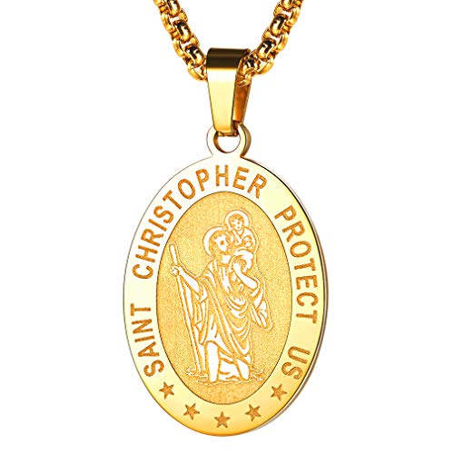 FaithHeart Heiliger Christophorus Anhänger Kette, goldener Ovaler Christopher Anhänger für Herren, Religöser Beschützer Talisman mit Geschenkebox für Auto von FaithHeart