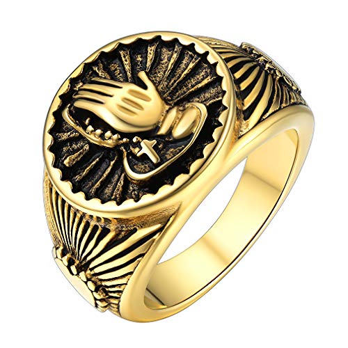 FaithHeart Edelstahl Herren Siegelring 18K Gold Retro Betende Hände Fingerring Partnerring Freundschaftsring für Damen Herren von FaithHeart