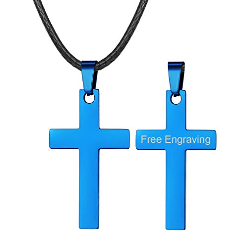 FaithHeart Echtleder Kette 3 mm mit Drehverschluss aus Edelstahl Kette Für Kinder Mit Name, Blau Kreuz von FaithHeart