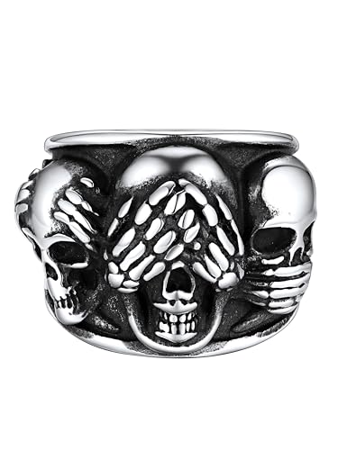 FaithHeart Edelstahl Biker Fingerring für Männer, Totenkopf Fingerring Größe 65, Vintage Skull Skelett Ringe für Papa Freunden von FaithHeart