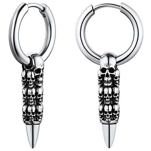 FaithHeart Edelstahl Creolen Totenkopf Ohrstecker Punk Piercing Herren Jungen Patrone Ohrschmuck Gothic Schädel Hängende Ohrring von FaithHeart