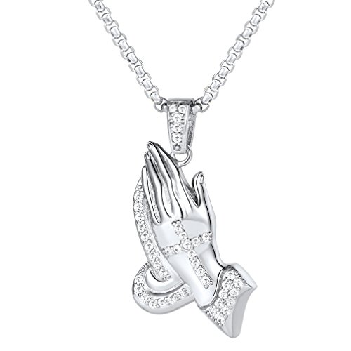 FaithHeart Platin Quadratische Perlenkette mit Anhänger Betende Hände Religöser Schmuck für Damen und Herren von FaithHeart