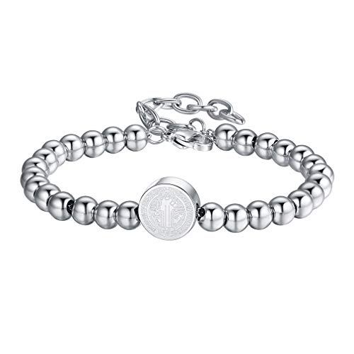 FaithHeart Edelstahl Herren Armband Saint Benedikt Armkette 16cm+5cm Silber Armkette für Damen und Herren von FaithHeart
