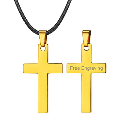 FaithHeart Edelstahl Herren-Schmuck mit Gravur auf der Rückseite Hals-Kette Kreuz Massiv in Vergoldet Anhänger, Namens Ketten Gold mit Lederhalskette von FaithHeart