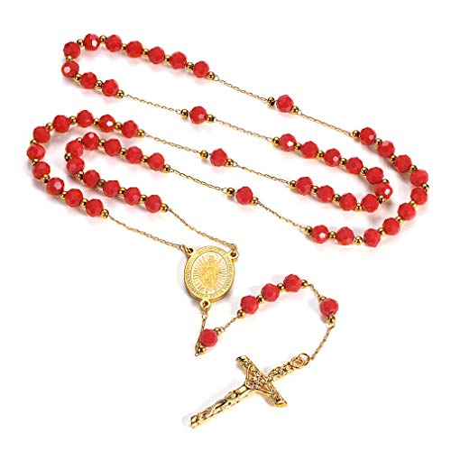 FaithHeart Auto Rosenkranz Halskette für Damen Herren mit Kreuz Anhänger Jungfrau Maria in Rot Farbe Rosary Necklace für Valentinstag Geburtstag Muttertag von FaithHeart