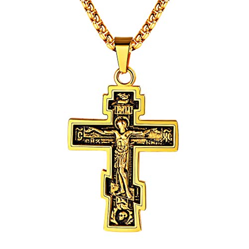 FaithHeart vergoldete Kette mit Kreuz Jesus Anhänger Herren Jungen Russisch Orthodoxes Kreuz Anhänger für Männer Damen Amulett Schmuck… von FaithHeart