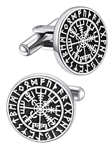 FaithHeart Edelstahl Manschettenknöpfe für Herren, Silber Vegvisir Manschetten Knöpfer, Viking Stil Cufflinks, Bestes Geschenk für Bräutigam Freuden Ehemann Vater von FaithHeart