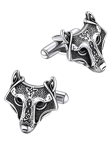 FaithHeart Edelstahl Manschettenknöpfe für Herren, Silber Wolfkopf Manschetten Knopf, Wikinger Stil Cufflinks, Bestes Geschenk für Bräutigam Freuden Ehemann Vater von FaithHeart
