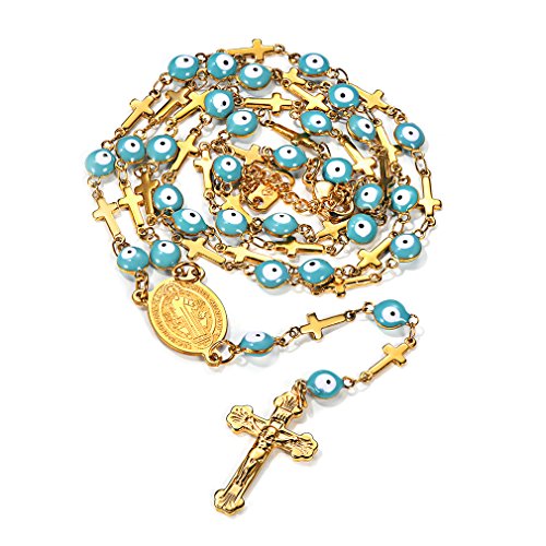 FaithHeart Edelstahl Rosenkran Kreuz Türkische Augen Kette mit Kreuzanhänger mit Geschenkebox Gold Rosary Neckklace für Damen Herren von FaithHeart