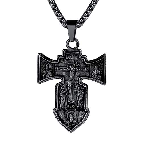 FaithHeart Edelstahl Russisch Orthodoxe Kreuz Anhänger Jesus Kruzifix Kette Halskette für Herren Damen Schwarz Kreuz Anhänger von FaithHeart