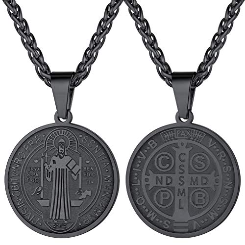 FaithHeart Edelstahl St. Benedikt Halskette für Männer, Retro Christlicher Schutzpatron des Heiligen Talisman Amulett, Kette mit Anhänger für Geburtstag Vatertag von FaithHeart