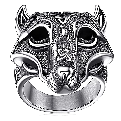 FaithHeart Edelstahl Viking Fingerring Wolfskopf Fingerring mit Keltischer Knot Herren Jungen Ring Retro Siegelring Partnerring Freundschaftsring für Paar Pärchen von FaithHeart