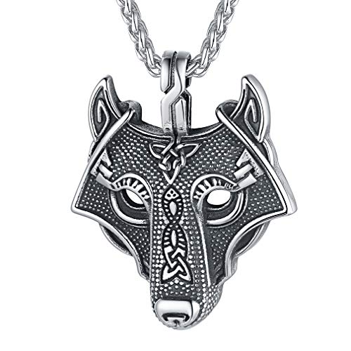 FaithHeart Edelstahl Viking Wolfkopf Anhänger Silber Wikinger Fenrir Anhänger mit 55cm+5cm Weizenkette für Kinder und Jugendlichen von FaithHeart