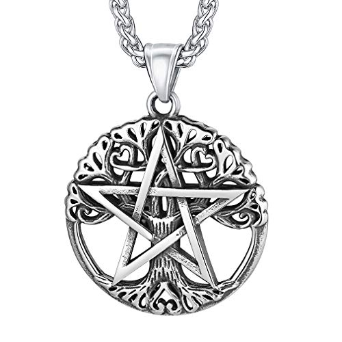 FaithHeart Edelstahl Wicca Pentagramm Anhänger Silber Wicca Schmuck mit Lebensabaum Herren Schmuck für Herren und Männer von FaithHeart