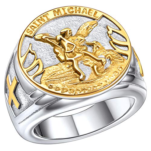 FaithHeart Edelstahl männer Siegelring,Herren Bandring, Saint Michael Schutzpatron Fingerring mit Geschenkebox für Weihnachten Geburtstag von FaithHeart