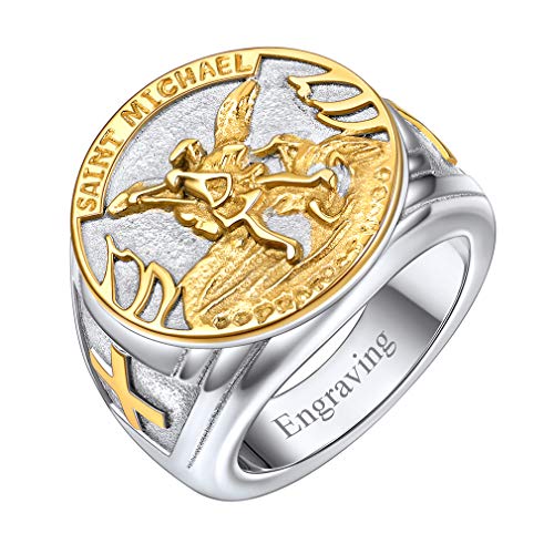 FaithHeart personalisierter Siegelring für Herren, Edelstahl Bandring, Saint Michael Schutzpatron Fingerring mit Geschenkebox für Geburtstag Weihnachten von FaithHeart