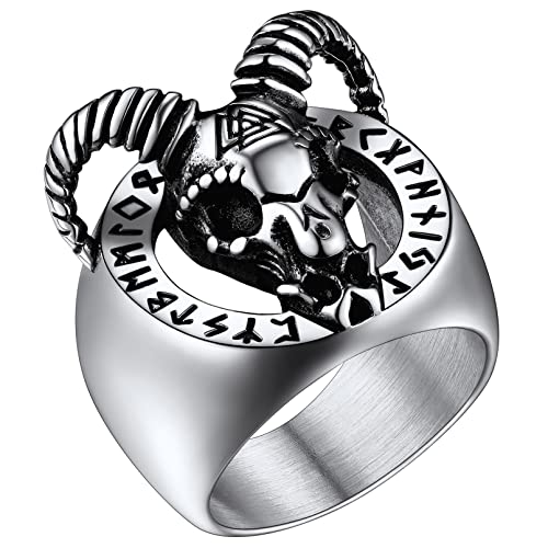 FaithHeart Edelstahlring für Herren Männer Ziege Kopf Ring mit Rune Symbol Punk Biker Siegelring in Ringgröße 57 Fingerring mit Geschenkebox für Paar Pärchen von FaithHeart