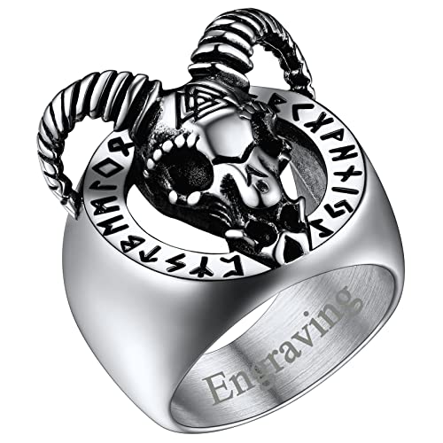 FaithHeart Edelstahlring mit Gravur für Herren Männer Ziege Kopf Ring mit Rune Symbol Punk Biker Siegelring in Ringgröße 57 Fingerring mit Geschenkebox für Paar Pärchen von FaithHeart