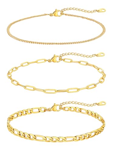 FaithHeart Fußkettchen Gold Fussketten für Frauen Fußkette Kette Set Wasserfest Kupfer Panzerkette Layering-Kette Gliederkette Figarokette Armband Fußschmuck in Gold von FaithHeart