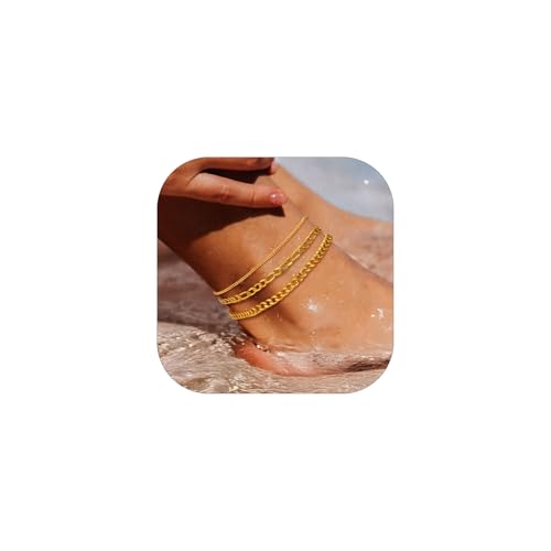 FaithHeart Fußkettchen für Damen Fußkette Gold Fussketten Kette Set Wasserfest Kupfer Panzerkette Layering-Kette Gliederkette Figarokette Armband Fußschmuck in Gold von FaithHeart