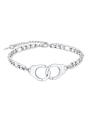 FaithHeart Fußkette für Damen, Edelstahl Figarokette Fusskettchen,Silber Fußkette 6mm 22cm lang, Sommer Schmuck mit Handschellen für Freundin Ehefrau von FaithHeart