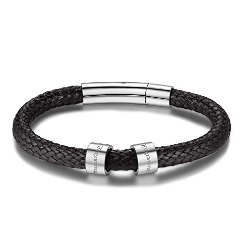 FaithHeart Geflochten Armreif Herren ID Armbänder mit Gravur Lederarmband 20cm mit 2 Namen Gravur für Ehemann Vater Freunden von FaithHeart