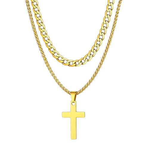 FaithHeart Gold Cross Necklace, Punk Halskette mit Kreuz Anhänger, Herren Ketten 50cm lang, Halskette für Geburtstag Valentinstag von FaithHeart