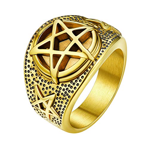 FaithHeart Goldener Herren Fingerring in Ringgröß 62.1 Gold Statement Ring Punk Gotik Pentagramm Fingerring mit Geschenkebox für Freunden Ehemann von FaithHeart