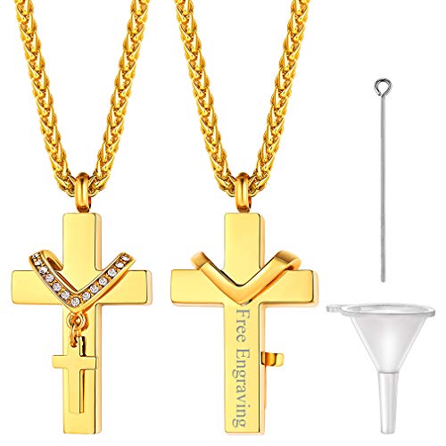 FaithHeart Gold Memorial Urne Kette mit Anhänger doppelt Kreuz mit Wunsch Gravur Edelstahl Feuerbestattung für Oma und Opa von FaithHeart