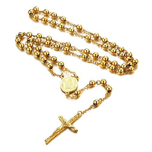 FaithHeart Gold RosenKranz Kreuzkette Kugelkette für Damen und Herren mit Kreuz Anhänger Rosary Necklace für Geburtstag Muttertag von FaithHeart