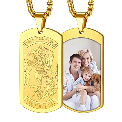 FaithHeart Goldener Dog Tag Anhänger Halskette Personalisierter Fotoanhänger mit Saint Michael Anhänger für Geburtstag Vatertag von FaithHeart