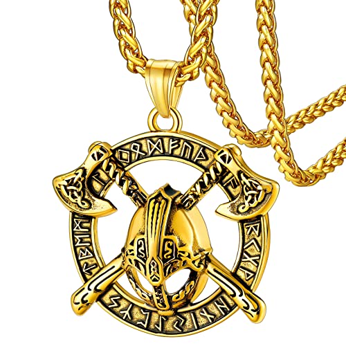 FaithHeart Goldener Odin Anhänger mit Rune Symbol Wikinger Doppelaxt Halskette mit Rune Symbol für Freunden Ehemann von FaithHeart