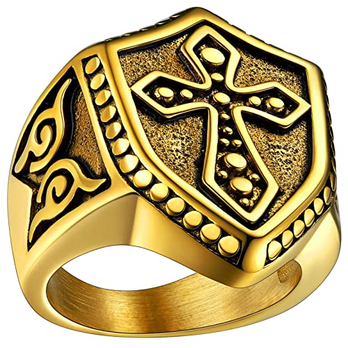 FaithHeart goldener Statement Schild Ring in Größe 65 Punk Stil Schild Amulett Siegelring Herren Jungen Tempelritter Kreuz Partnerring für Paar Pärchen von FaithHeart