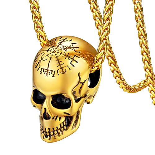 FaithHeart goldener Totenkopf Halskette Punk Gotik Vegvisir Anhänger Skull Schädel Anhänger mit Kompass für Geburtstag Vatertag von FaithHeart