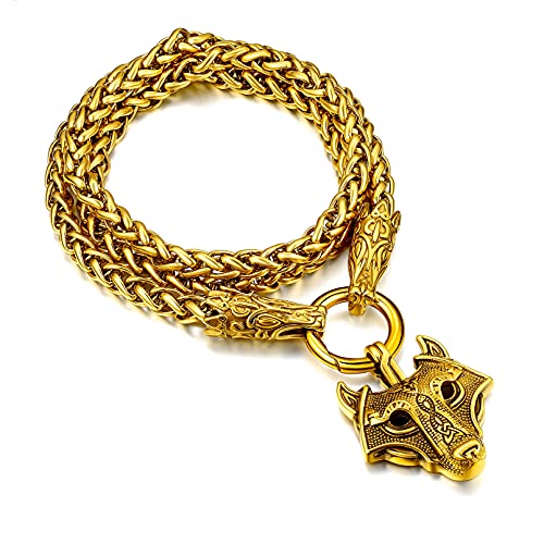 FaithHeart goldener Wolfkopf Anhänger Halskette Punk Wikinger Stil Fenrir Wolf Halskette Nordischer Amulett für Herren Männer Ehemann von FaithHeart