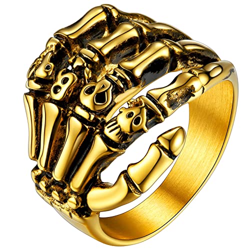 FaithHeart Gotik Fingerring für herren Männer goldener Schädel Totenkopf Fingerring Punk Skelett Knochen Siegelring Fingerring für Geburtstag Weihnachten von FaithHeart
