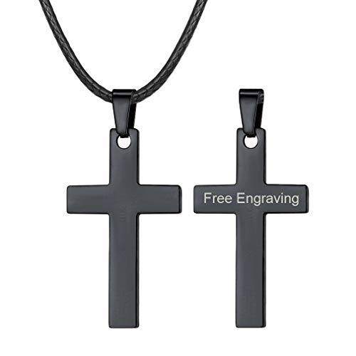 FaithHeart Gravierte Kreuz Partner Ketten mit Wunsch Gravur auf der Rückseite aus Edelstahl Schwarz Schmuck, Lederhalsband Mit Verschluss von FaithHeart