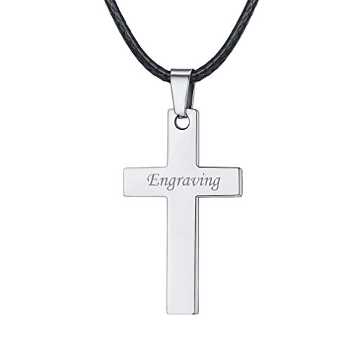 FaithHeart Gravierte Partner Ketten mit Wunsch Gravur auf der Rückseite aus Edelstahl Silber Schmuck für Paare Kreuz, Lederhalsband Herren von FaithHeart