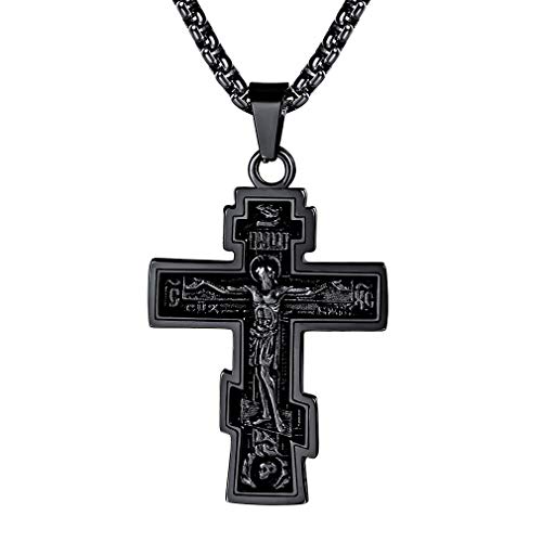 FaithHeart Kette für Herren Jungen Schwarz Anhänger mit Russisch Orthodoxes Kreuzanhänger Religiöser Schmuck Kruzifix Halskette für Geburtstag von FaithHeart