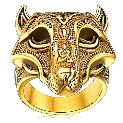 FaithHeart Herren Damen Siegelring Retro Viking Statement Ring Wolfskopf Fingerring Wikinger Keltishcer Knot Fingerring mit Geschenkebox für Männer Frauen von FaithHeart