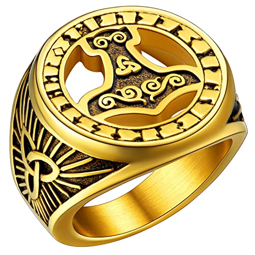 FaithHeart Herren Damen Siegelring mit Rune Retro Viking Statement Ring Thors Hammer Fingerring Mjölnir Fingerring mit Geschenkebox für Männer Frauen von FaithHeart
