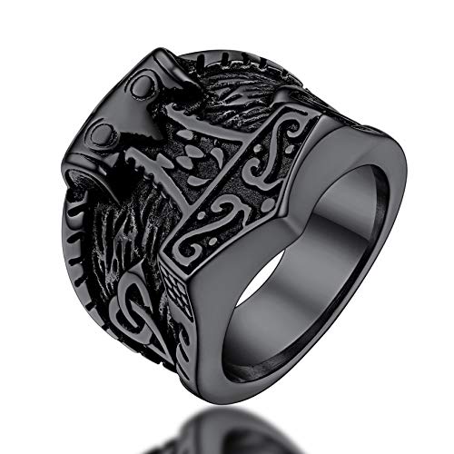 FaithHeart Herren Damen Statement Ring Schwarz Viking Thors Hammer Ring Retro Viking Schmuck Mjölnir Fingerring Viking Schmuck mit Geschenkebox für Valentinstag Geburtstag von FaithHeart