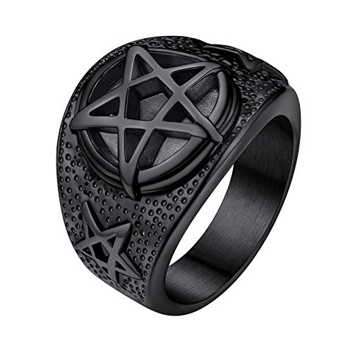 FaithHeart Herren Jungen Pentagramm schwarz Siegelring in Ringgröße 67.2 Retro Fingerring Punk Gotik Bandring mit Schmuckbox für Geburtstag Weihnachten von FaithHeart