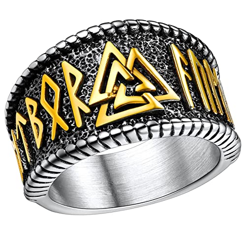 FaithHeart 14.3mm goldener Bandring für Herren Jungen Punk Stil Valknut Fingerring Wikinger Stil Rune Fingerring für Weihnachten Geburtstag von FaithHeart