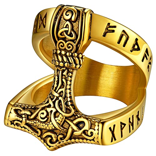 FaithHeart Herren Männer Fingerring Viking Thors Hammer Ring Goldener Mjölnir Fingerring mit Rune Symbol Partnerring Punk Fingerring für Halloween Geburtstag von FaithHeart