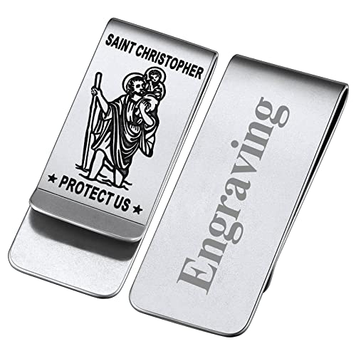 FaithHeart Herren Männer Geldscheinklammer Saint Christophorus Geldclip Schutzpatron Christophorus Money Clip mit Text Gravur für Geburtstag Vatertag von FaithHeart