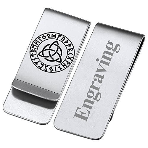 FaithHeart Herren Männer Geldscheinklammer Wikinger Valknut Geldclip mit Rune Symbol Nordischer Wikinger Symbol Money Clip mit Text Gravur für Vatertag von FaithHeart